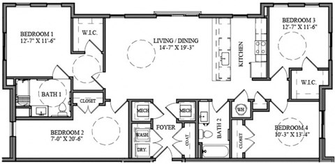 Floor plan for 4 beds, 2 baths, 1792 sqft